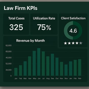 A realisticlooking dashbaord showing a few important law firm KPIs using 004225 as a primary color-1